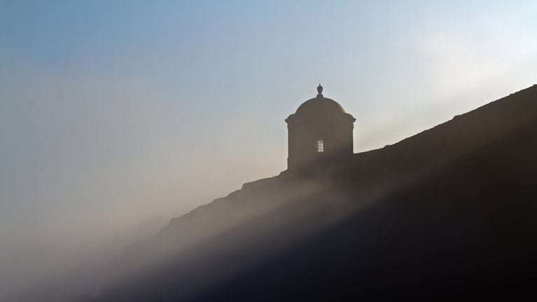 A photograph of Mussenden Temple from below.